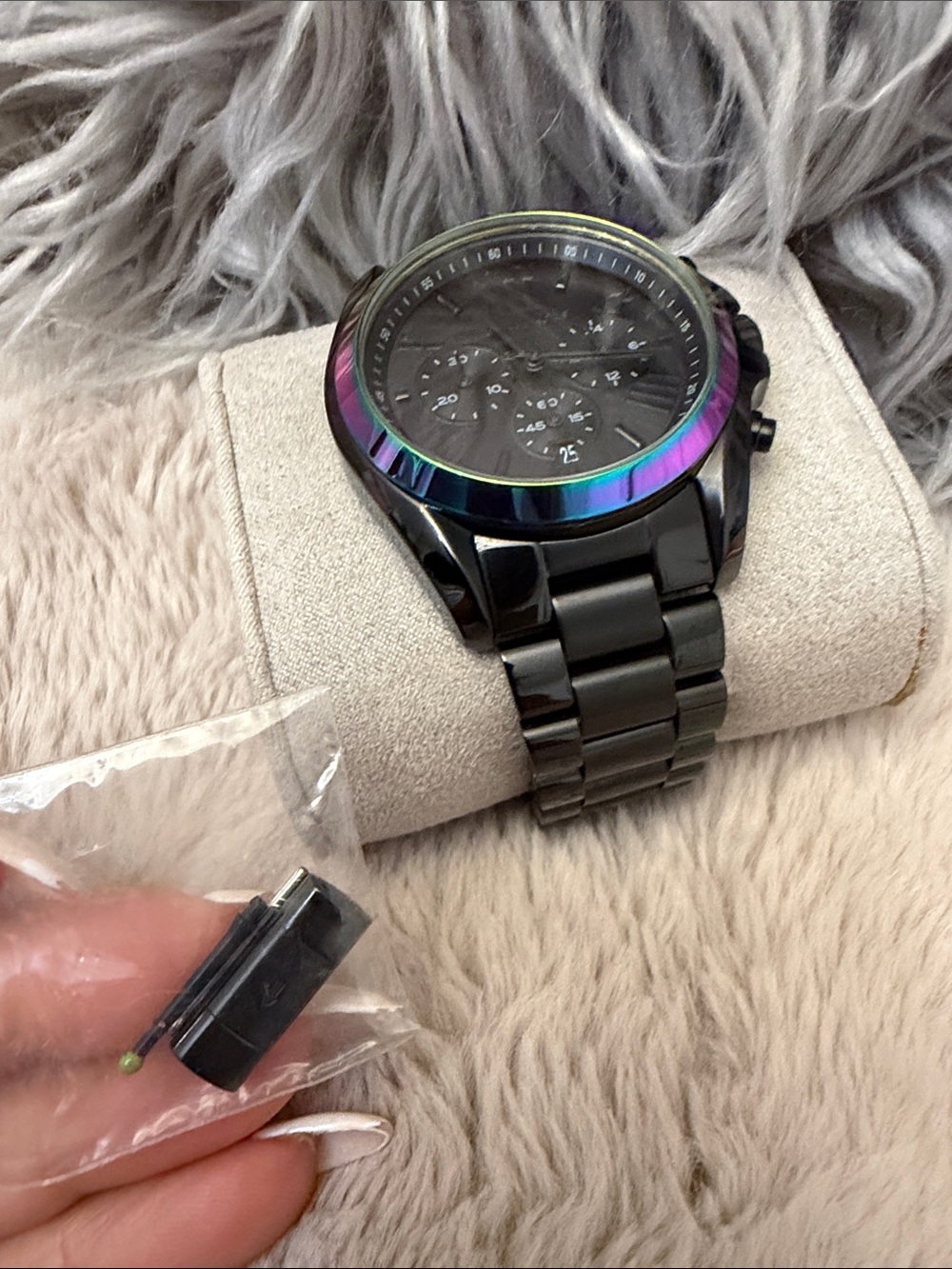 Michael Kors Black Stainless Steel Chronograph Watch with Iridescent Bezel - Picture 14 of 17